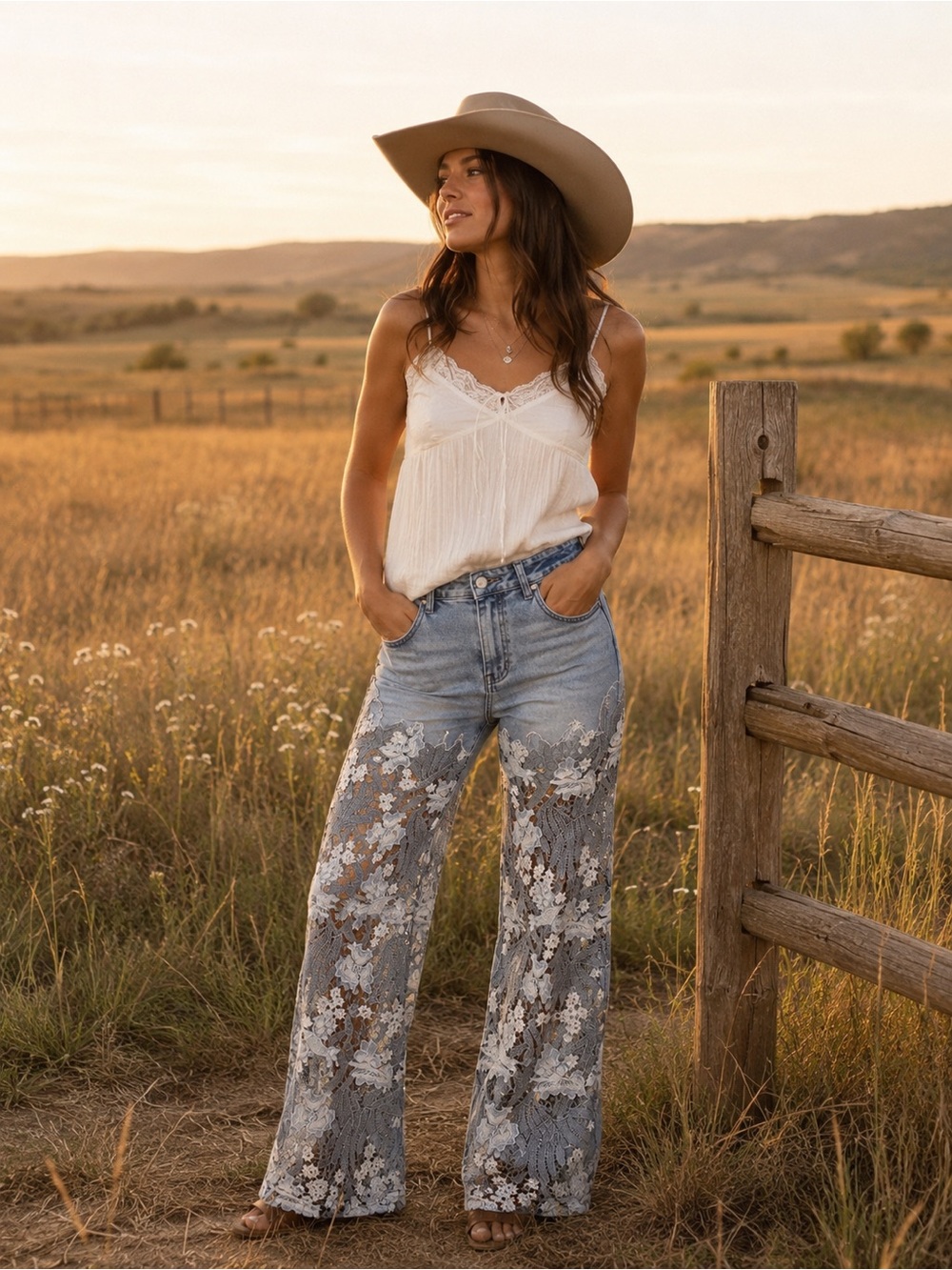NWT Risen Wide Leg Lace Denim Jeans